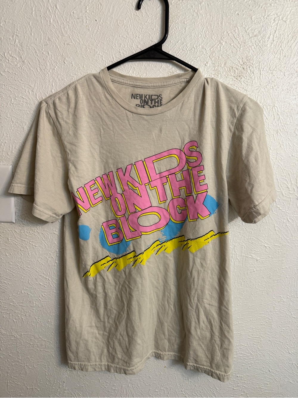 New Kids on the Block Graphic Tee - Beige with Pink & Yellow Print